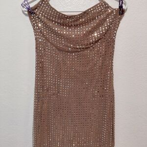 Beige Tan Sequin Square Stud Slip Dress